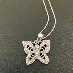 925 Sterling Silver White Diamond Butterfly Pendant Necklace | White CZ | 16” Box Chain