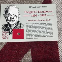 14k Dwight D. Eisenhower Tribute Coin 1983 Mint 30th Anniversary Tribute Coin 