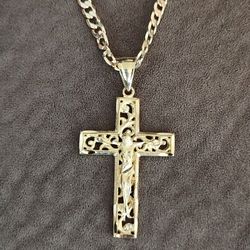 Mens 18k Gold Plated " JESUS in Cross" Pendant 6mm 24" Cuban  Chain