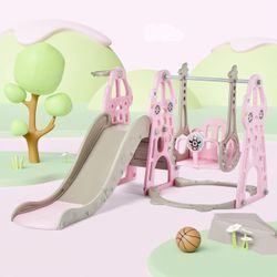 4-in-1 Toddler Slide and Swing Set with Extra Large Playground, Basketball Hoop & Climber, Indoor/Outdoor Playset, Taxi Collection