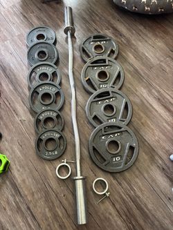 OLYMPIC WEIGHTS WITH CURLING BAR 4x10, 4x5 and 2x2.5 lbs collar locks included $90 FIRM