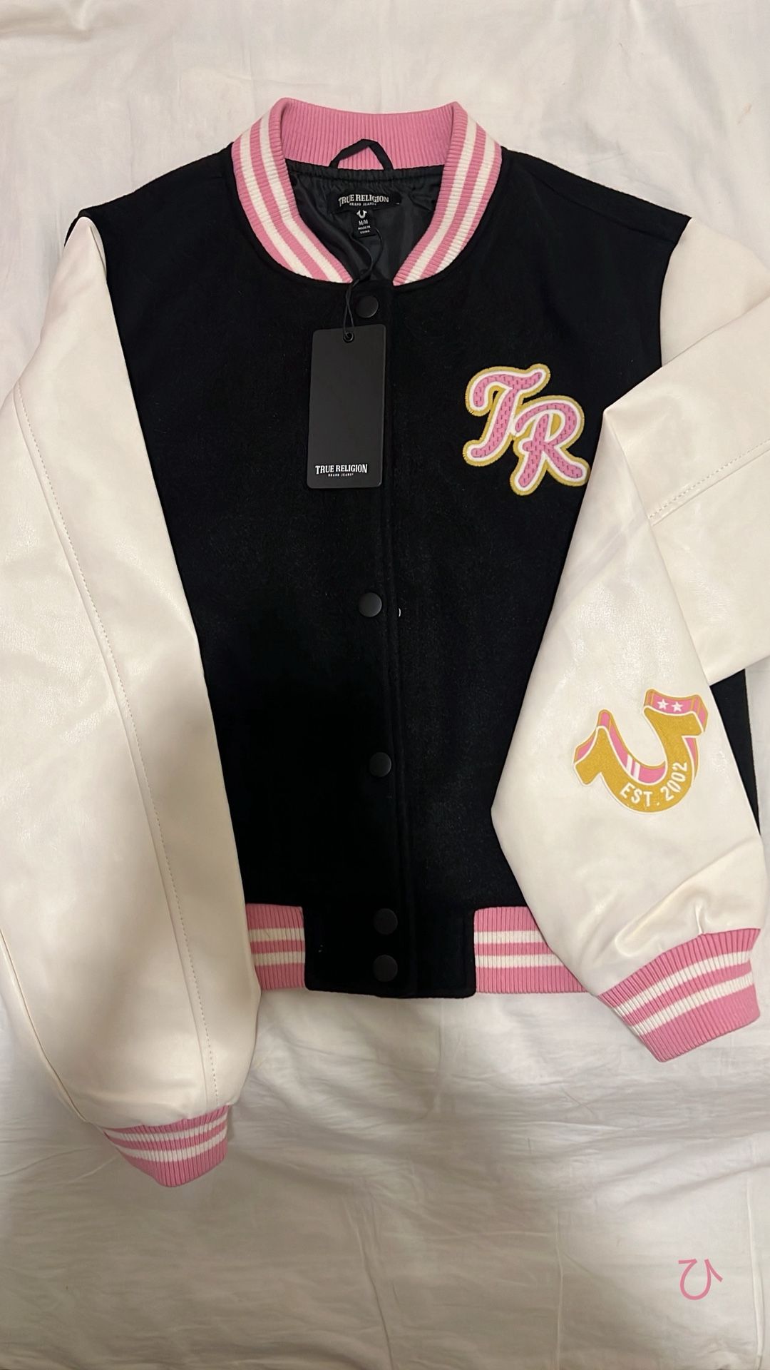 True Religion Women’s Varsity Jacket W/ Pink & Yellow Patch Designs 