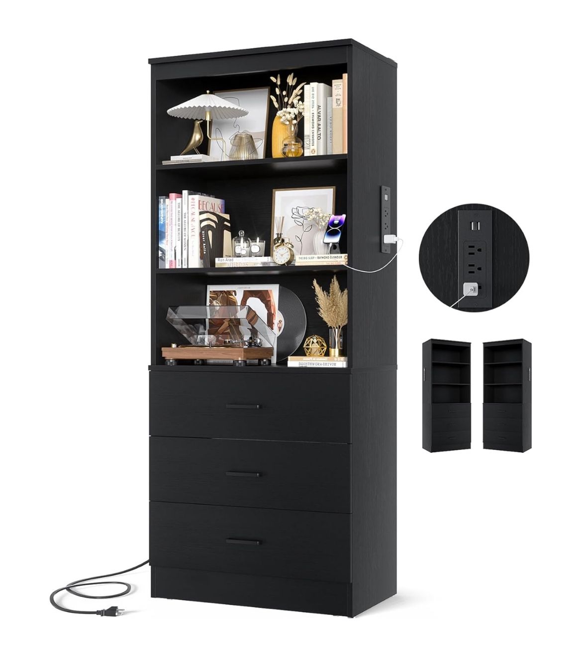 71 Inches Bookshelf with USB Ports and Outlets, Wooden Bookcase with 3 Drawers & Open Shelves, 6-Tier Tall Storage Cabinet Book Shelf Storage Organize