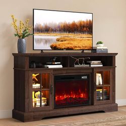 Assembled 58" Fireplace TV Stand, Modern Entertainment Center for TVs Up to 70”, TV Console with Storage Cabinets, Media Console for Living Room, Brow