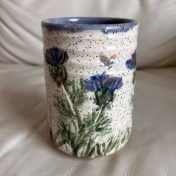 Handmade Pottery Blue Floral Vase Cottagecore Signed