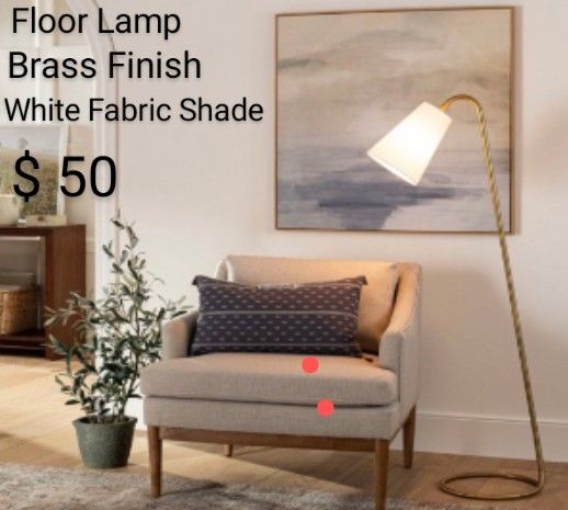 Brand New Floor Lamp Brass Finish White Fabric Shade