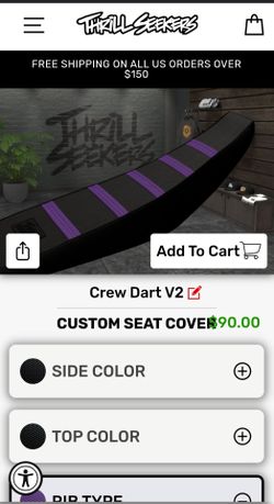 Thrill seekers custom gripper seat cover for Crew Dart v2