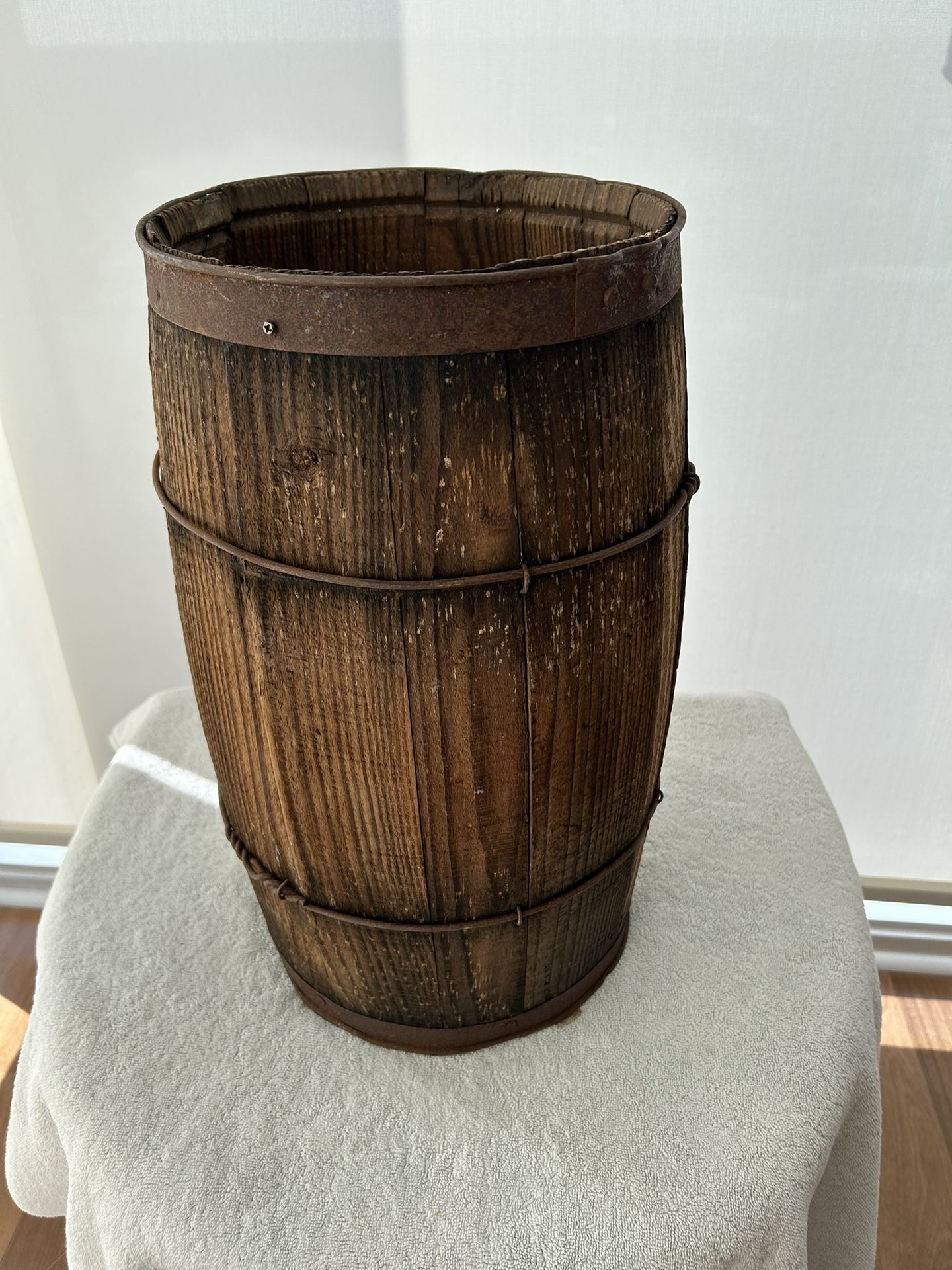 Antique Vintage Wood Barrel / Nail Keg / Cask with Wire Straps 10” X 18” Tall