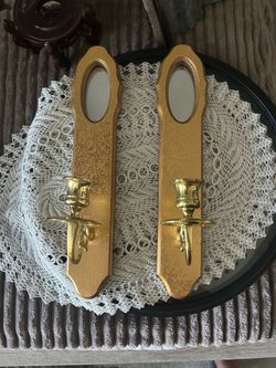 Awesome vintage pair of home interiors wood and brass mirror sconces15x3