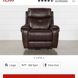 Carl Chocolate Brown Leather Oversized Power Lift Recliner with Power Headrest & Heat $1,395 * *