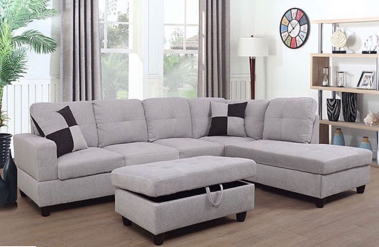 New Gray White Flannelette Sectional Sofa W/ Free Ottoman And Pillows New In Original Boxes