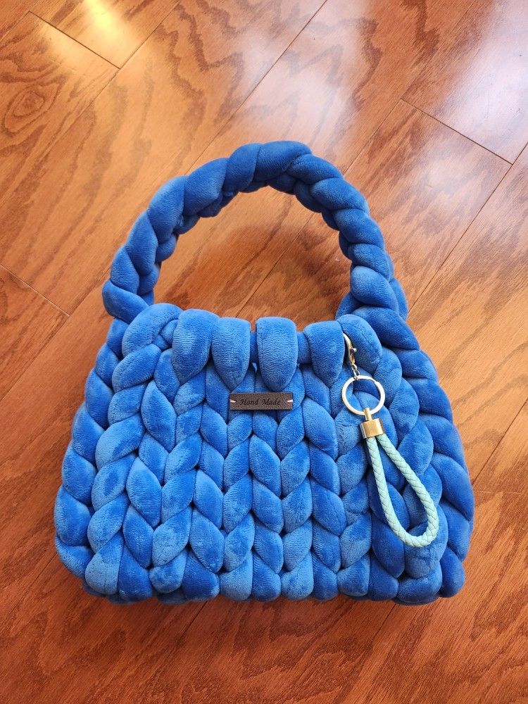 Hand-Knitted Chunky Velvet Blue Bag