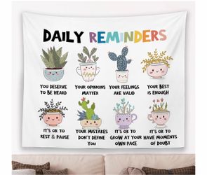 Mental Health Floral Wall Tapestry Hanging for Classroom Kids, Daily Reminders Tapestry, Inspirational Cute Cacti Tapestries Wall Decor for Bedroom Th
