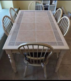 Solid Wood Ceramic Tile Top Dining Table Set with 6 Chairs
