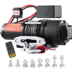 VEVOR Electric Winch, 12V 4500 lb Load Capacity Nylon Rope Winch, IP55 1/4” x 39ft ATV UTV Winch with Wireless Handheld Remote & Hawse Fairlead for To