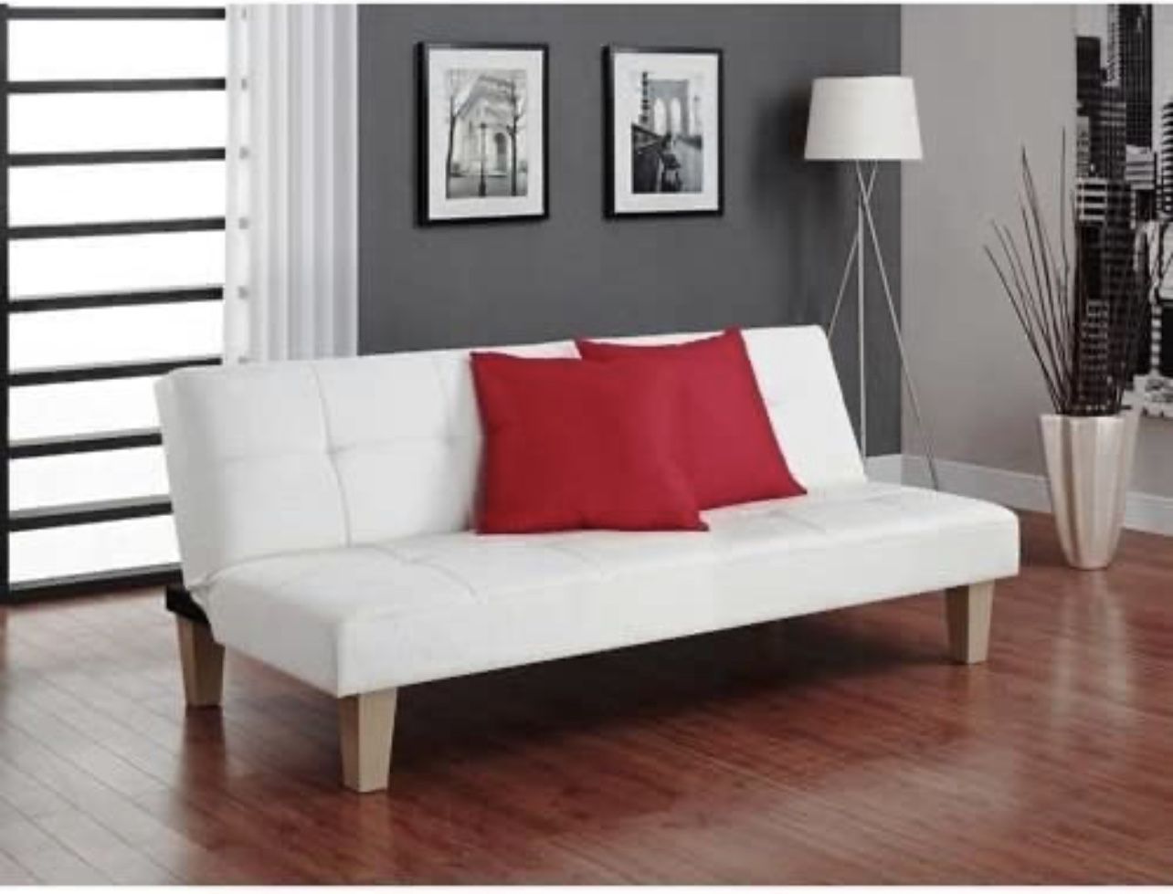 Futon Couch, Tufted Faux Leather Upholstery - White