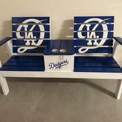 Beautiful Rustic Hard Wood Bench With DODGERS Logo 