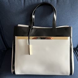 Innue Patent Leather Italian Black & White Tote Shoulder Bag Gold Trimming Gift