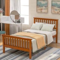 NEW Twin Oak Wood Platform Bed with Headboard and Footboard