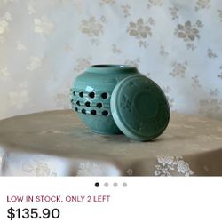 KOREAN  CELADON OPENWORK DOUBLE WALL JATR  WITH LID AND ENGRAVED CRANE AND CLOUDS MOTIF