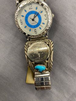 Native American Sterling Silver Turquoise Buffalo Nickel Stretch Watch Japan Movt