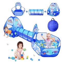 Unused - 3 in 1 Kids Play Tent with Tunnel, Ball Pit, Basketball Hoop for Boys & Girls, Toddler Pop Up Playhouse Toy Baby Indoor/Outdoor