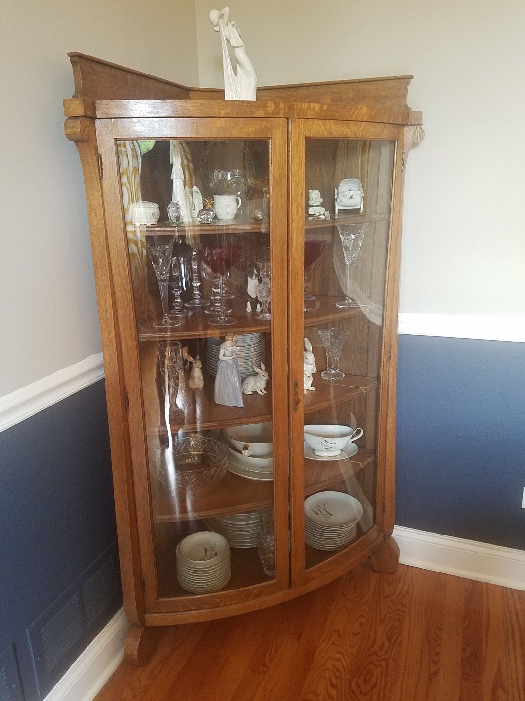 Antique Oak Corner Curio with curved glass and doors