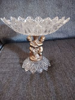 Hollywood Regency Glass & Brass cherubs pedestal dish