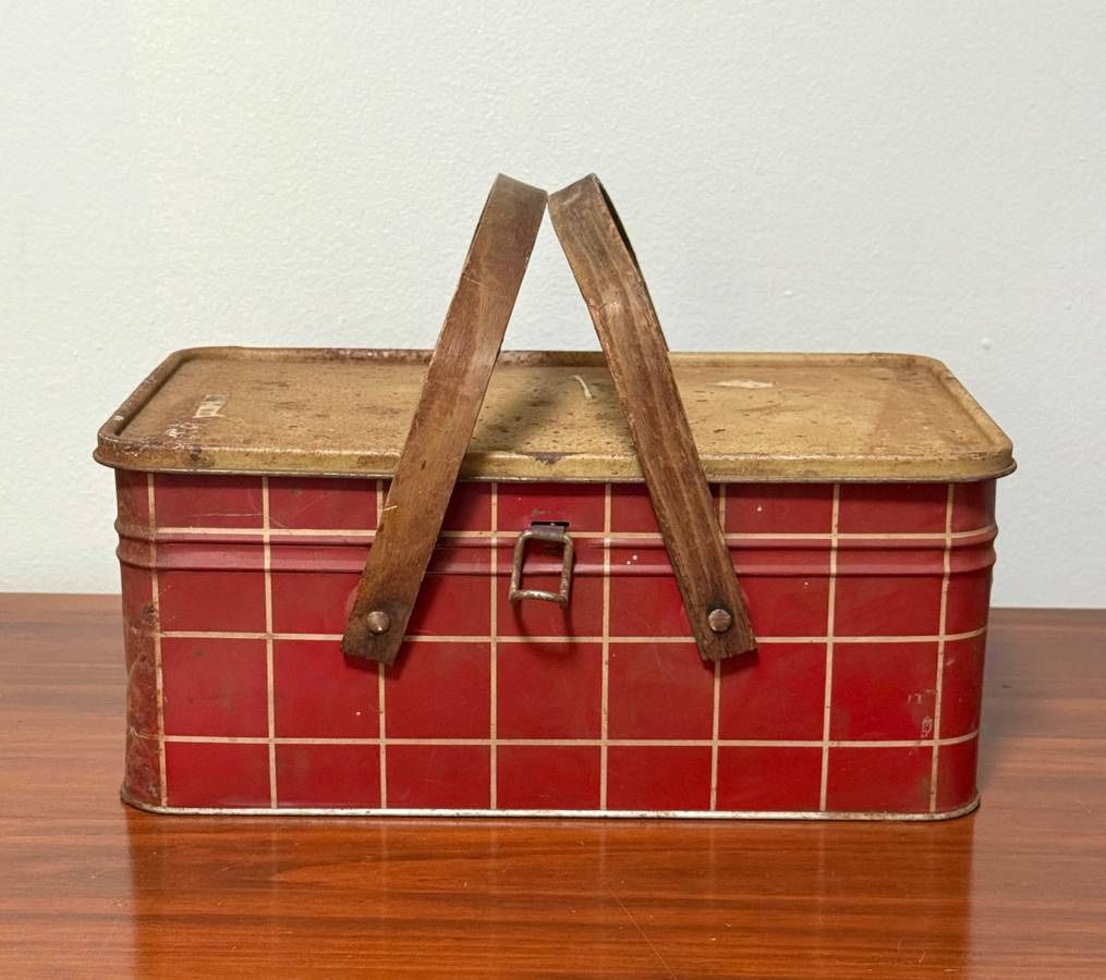 Vintage Red Plaid Collectible Cookie Tin Storage Box Picnic Basket With Wood Handles