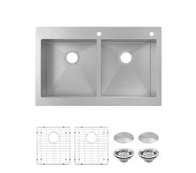 Glacier Bay Professional Zero Radius 33 in. Drop-In 50/50 Double Bowl 16 Gauge Stainless Steel Kitchen Sink with Accessories