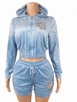 🩵 LIGHT BLUE RHINESTONE VELOUR 2-PIECE SHORT SET ✨