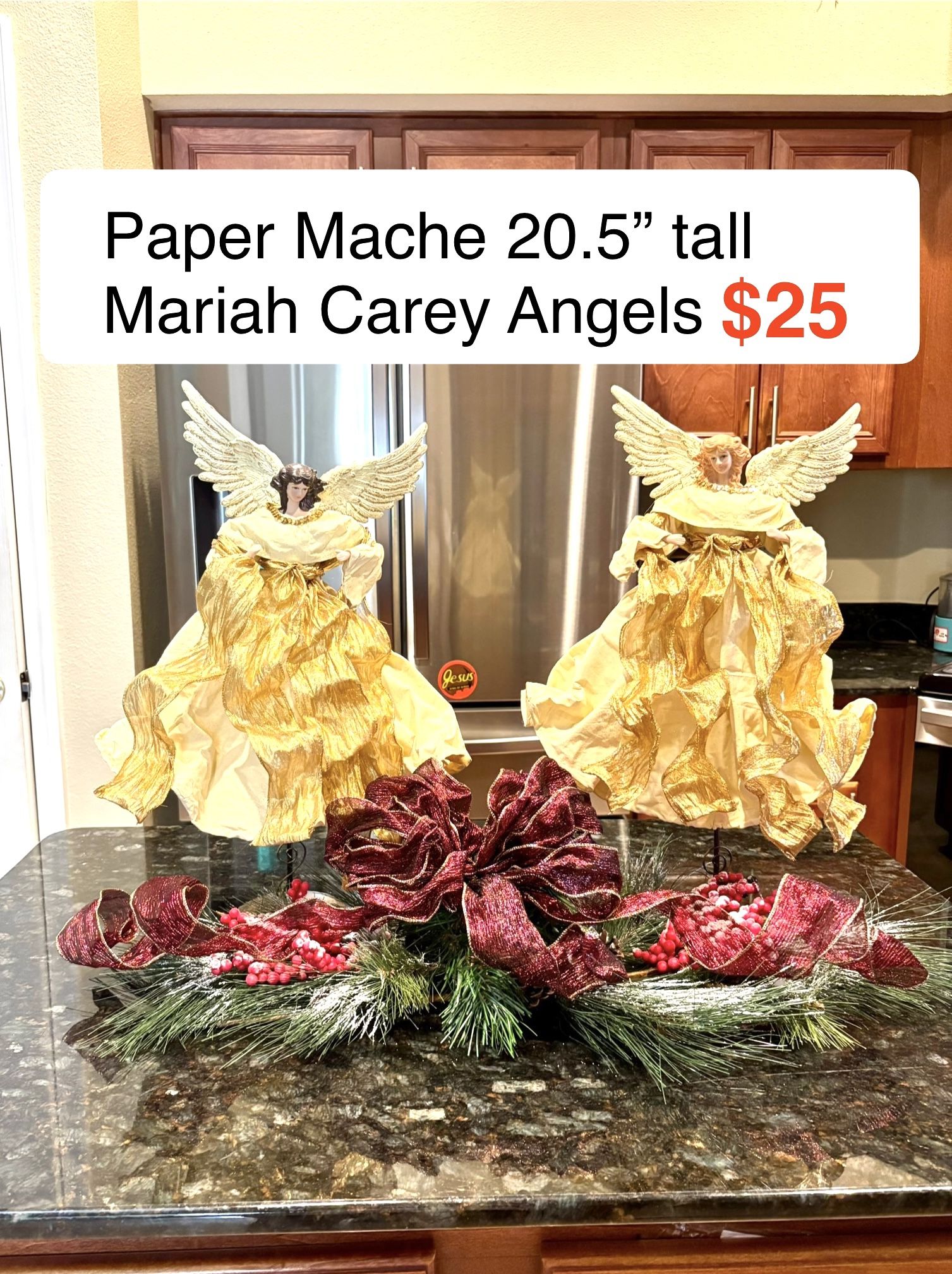 PAIR of Mariah Carey Angels Christmas Decor 20” tall. Greenery Swag NOT included