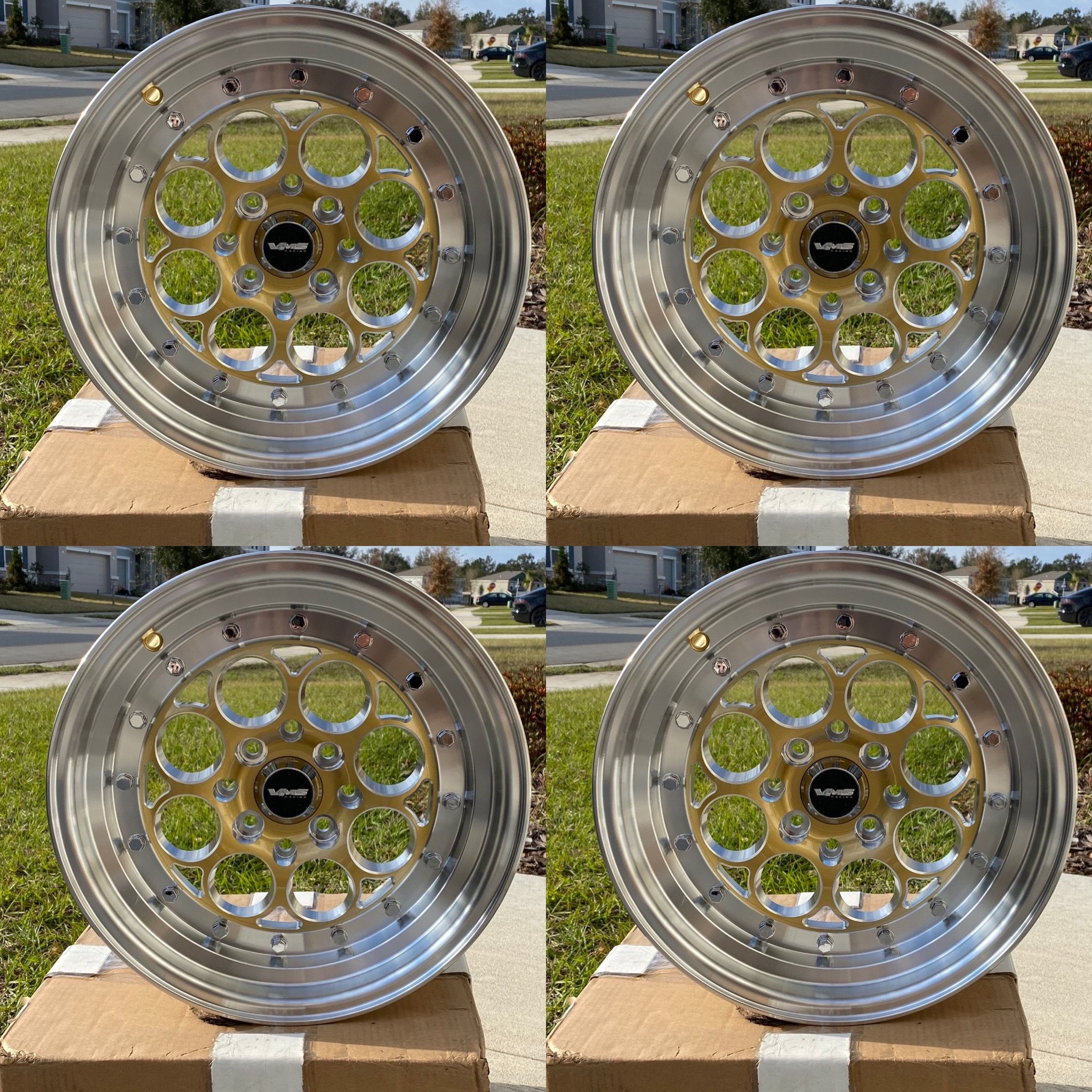 15x8 VMS RACING WHEELS 4x100 GOLD AND POLISHED 4x114.3 OFFSET 20