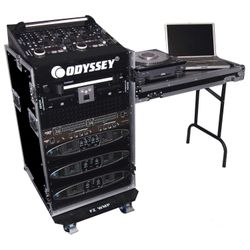 Odyssey FZ1116WDLX 11U Top Slanted 16U Vertical Pro Combo Rack with Side Table and Casters