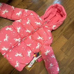 Girls’ Size 4 Puffer Jacket Coat Pink w/ Unicorns “Pink Platinum Brand” NWT
