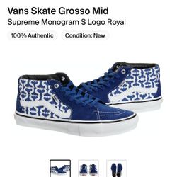 Supreme Vans Mid Royal Blue Size 6.5