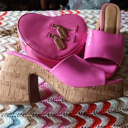 Pink  Sandals With A Heel And  Pink Purse 