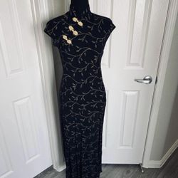 Vintage Sheer Black & Gold Oriental Qipao Chinese Style Dress Size 4 