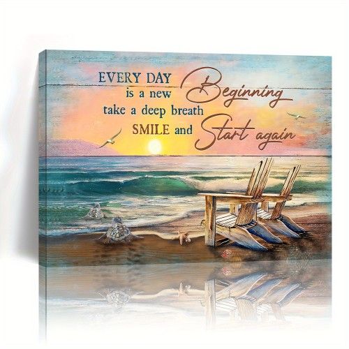 1pc Wood Frame Canvas Painting, Turtle Beach Wall Art Beach Picture Wall Decor Inspirational Quotes Wall Art Prints for Home Decor, Living Room and Be