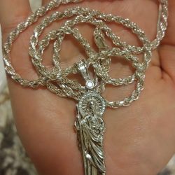 925 Italian Sterling Silver Rope Chain 4mm 925 Silver St Jude Moissanite Pendant
