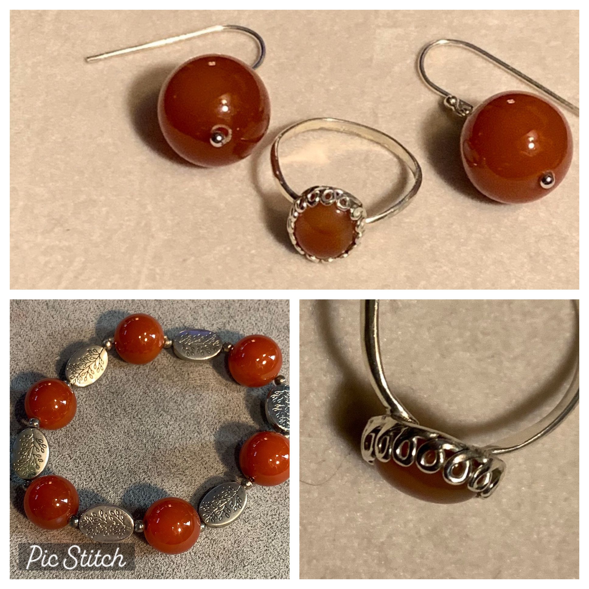 Genuine Carnelian Natural Stones. Silver. Ring Is Size 8. Nice Set.  Includes Stretch Bracelet 