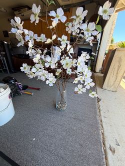 Tall Artificial White Dogwood Flower Arrangement in Clear Glass Vase – 3.5 Feet – Good Condition