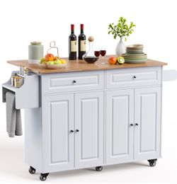 QSun Kitchen Island on Wheels Kitchen Cart with Rubber Wood Top, Mobile Kitchen Island with Double Storage Cabinet and Drawers, Island Table for Kitch
