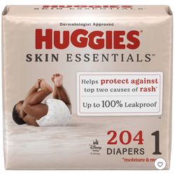 Huggies Skin Essentials Luxury Diapers - Size 1 - 204ct: 8-14 Lbs, Elastic Stretch Sides, Leak Guard