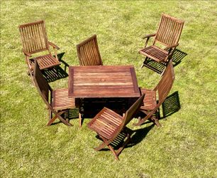 Teak tables chairs buffet cart