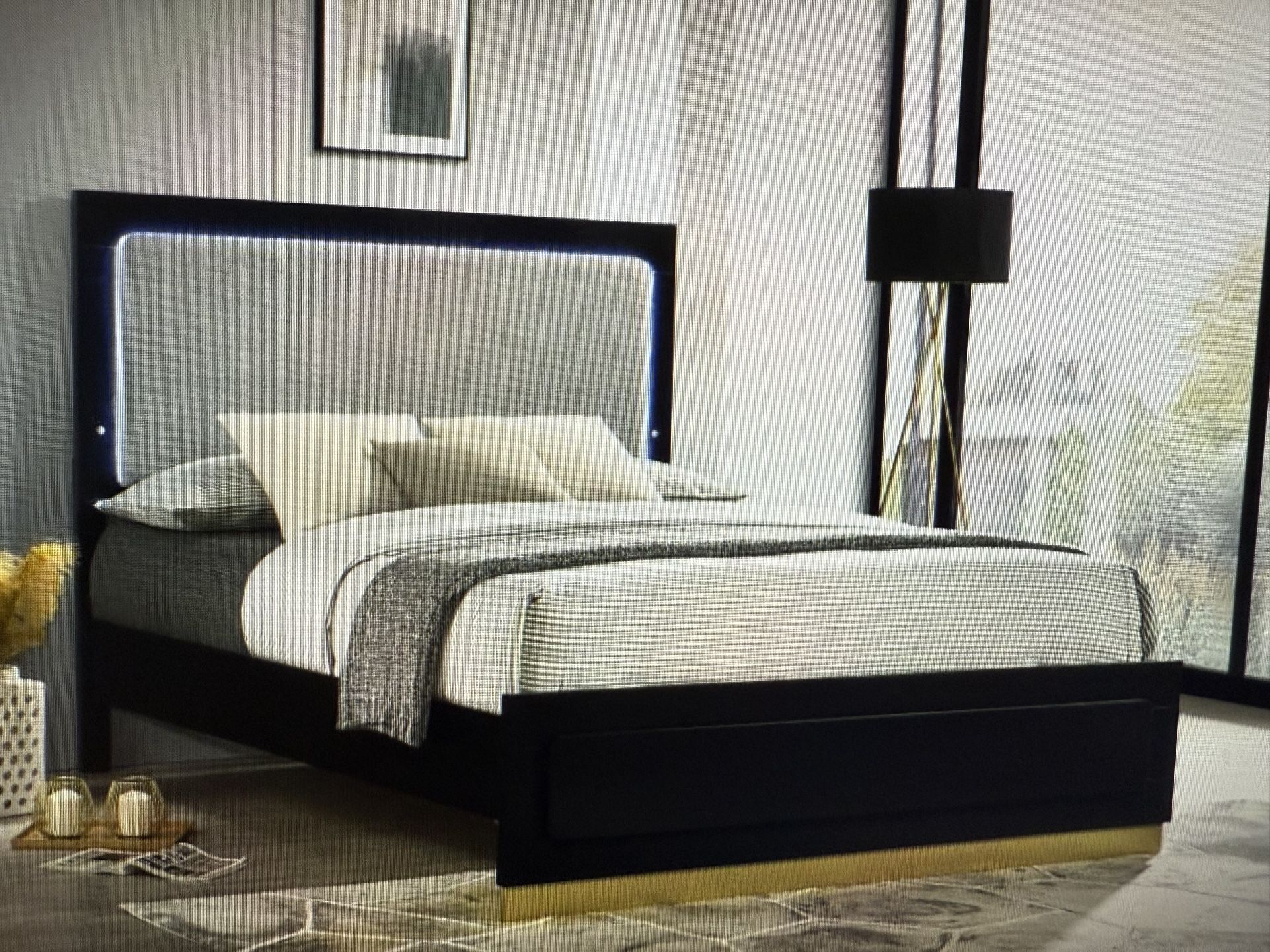 Caraway Black LED Queen Bed Frame