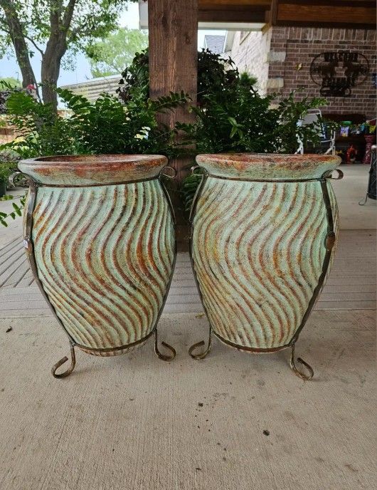 Turquoise Stripe Clay Pots, Planters, Plants. Talavera, Pottery $85 cada una