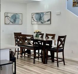 Solid Wood counter hight 6 sets Dining table & chairs & bench