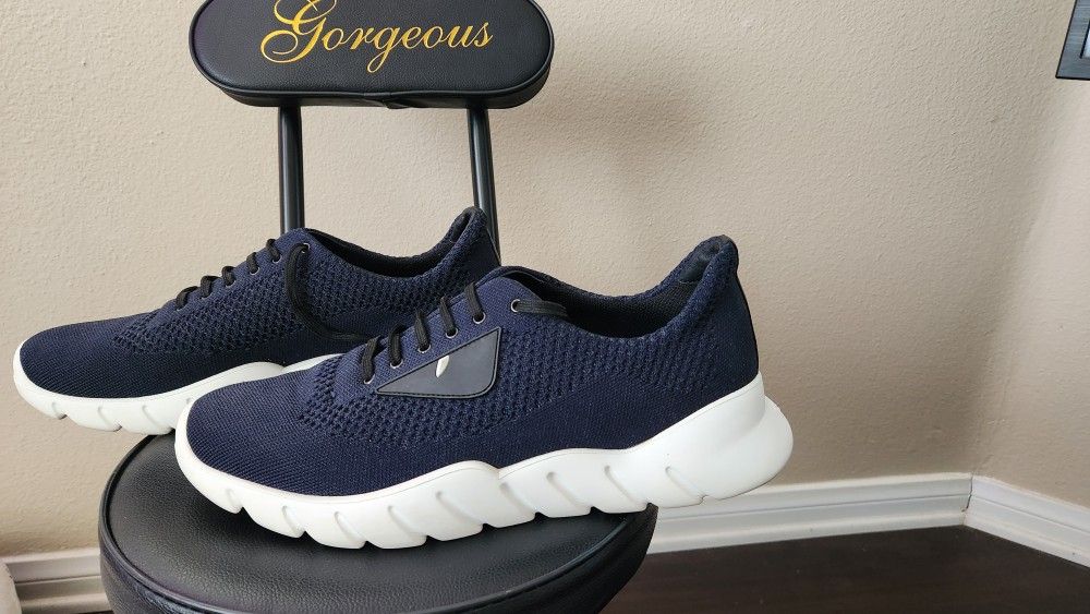Men's Size 12 FENDI Navy Blue/Black Mesh Leather Low Cut Sneakers