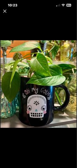 🖤🍃 Rooted Golden Pothos Plant Propogation in glass milk bottle in “Oh My Goth” 2 sided Mug 🌿